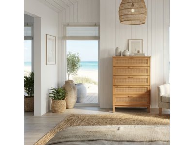 Cômoda Acapulco 5 Gavetas em Madeira Maciça com Rattan | Cor cera natural 